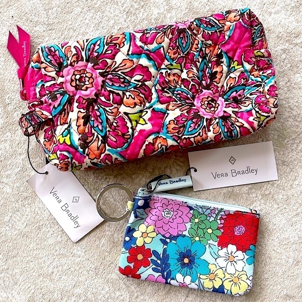 Brand New Vera Bradley Floral Set Makeup Cosmetic Bag Zip ID Case Quilted Stitch